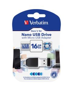 Verbatim 16GB Nano USB Flash Drive with USB OTG Micro Adapter Black 16GB 1 Pack NANO W/ MICRO USB 2.0 ADAPTER BLACK