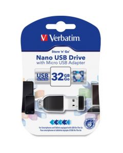 Verbatim 32GB Nano USB Flash Drive with USB OTG Micro Adapter Black 32GB 1 Pack NANO W/ MICRO USB 2.0 ADAPTER BLACK