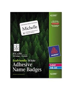 Avery EcoFriendly Name Badge Labels for Laser and Ink Jet Printers 2.33 x 3.375 Inches White Permanent Pack of 160 (42395) 42395
