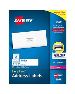 Avery Address Labels with Sure Feed for Laser Printers 1" x 4" 5,000 Labels Permanent Adhesive (5961) White 5961