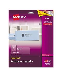 AVERY Clear Easy Peel Address Labels for Laser Printers 1-1/3" x 4" Box of 140 (15662) 15662