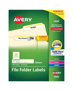 Avery 5966 Permanent File Folder Labels TrueBlock Inkjet/Laser Yellow Border Box of 1500 White 5966