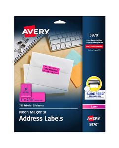 Avery Neon Address Labels with Sure Feed for Laser Printers 1 x 2 5/8" 750 Pink Stickers (5970) Neon Magenta 5970