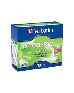 Verbatim CD-RW 700MB 2X-12X Rewritable Media Disc - 10 Pack Slim Case Silver - 95156 95156