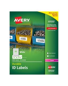 Avery Durable White Cover Up ID Labels for Laser Printers 0.67" x 1.75" Pack of 3000 (61533) 61533
