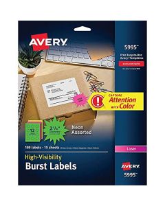 AVERY 5994 High-Visibility Permanent ID Label Bursts Laser 1 1/2 dia Asst. Neon Pack of 360 Neon Green;neon Magenta;neon Yellow 5994