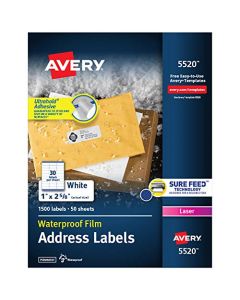 Avery Waterproof Address Labels with Sure Feed & TrueBlock 1" x 2-5/8" 1,500 White Laser Labels (5520) 5520