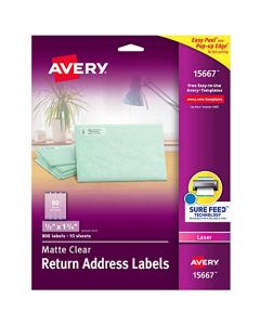 Avery Matte Frosted Clear Return Address Labels for Laser Printers 1/2" x 1-3/4" 800 Labels (15667) 15667