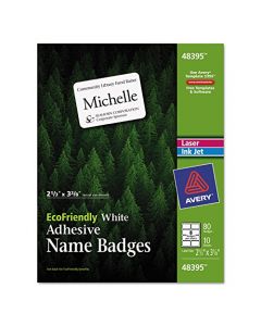 AVERY EcoFriendly Name Badge Labels for Laser and Ink Jet Printers 2.333 x 3.375 Inches White Permanent Pack of 80 (48395) 48395