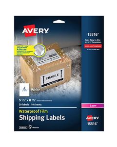 AVERY Waterproof Shipping Labels with TrueBlock 5.5" x 8.5" 20 White Laser Labels (15516) 15516