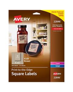 Avery Square Labels for Laser & Inkjet Printers 2" x 2" 300 Kraft Brown Labels (22846) 22846
