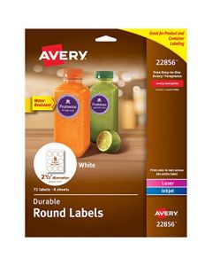Avery Round Labels with Sure Feed for Laser & Inkjet Printers 2.5" 72 Water Resistant White Labels (22856) 22856