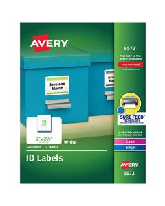 Avery White Permanent ID Labels for Laser and Inkjet Printers 2 x 2 5/8 Inch Pack of 225 (6572) 15 sheets 6572