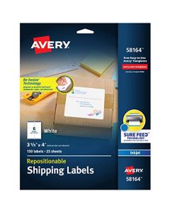 Avery Repositionable Shipping Labels for Inkjet Printers 3-1/3 x 4 Box of 150 (58164) 58164