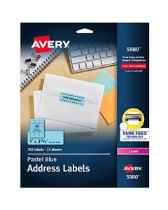 Avery Neon Address Labels with Sure Feed for Laser Printers 1" x 2 5/8" 750 Pastel Blue Labels (5980) 5980