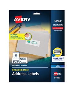 Avery Repositionable Address Labels for Inkjet Printers 1 x 2-5/8 Pack of 750 (58160),White 58160