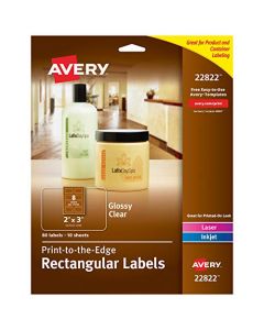 Avery 22822 Rectangle Labels with Sure Feed Laser & Inkjet Printers 2" x 3" 80 Glossy Crystal Clear Labels 22822
