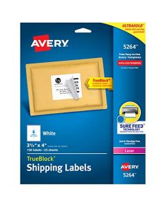 Avery Shipping Address Labels Laser Printers 150 Labels 3-1/3x4 Labels Permanent Adhesive TrueBlock (5264) White 5264