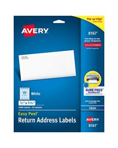 Avery Return Address Labels with Sure Feed for Inkjet Printers 0.5" x 1.75" 2,000 Labels Permanent Adhesive (8167),White 8167